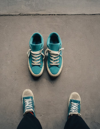 Top View of Blue Sneakers on Concreteの素材