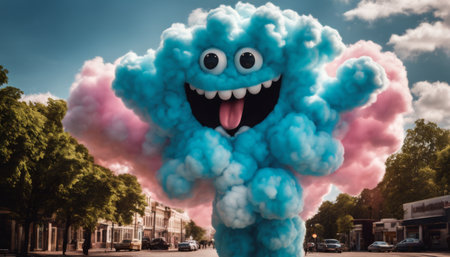 Cheerful Cloud Creature on City Streetの素材