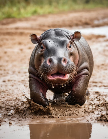 Baby Hippopotamus in Mudの素材