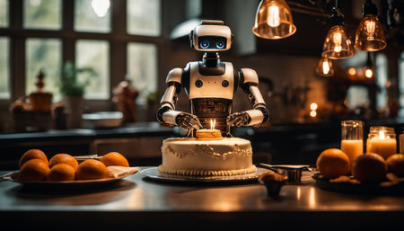 Robot Serving Cake in Kitchenの素材