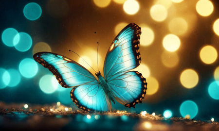 Luminescent Blue Butterfly on Golden Lightsの素材