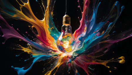 Light Bulb Bursting with Vivid Paint Splashesの素材