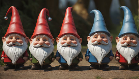 Smiling Ceramic Garden Gnomes in a Rowの素材