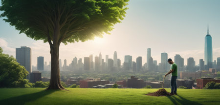 Man Contemplating Nature and Urban Contrastの素材
