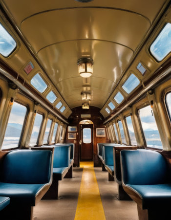 Empty Vintage Train Interior with Blue Seatsの素材