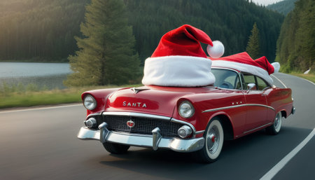 Vintage Car with Christmas Hats on Roadの素材