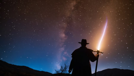 Silhouetted Sword-Bearer Under Starry Skyの素材