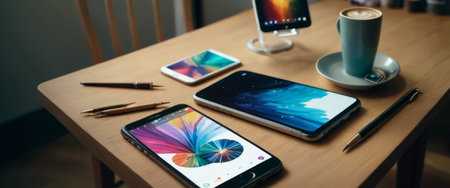 Modern Smartphones on Wooden Tableの素材