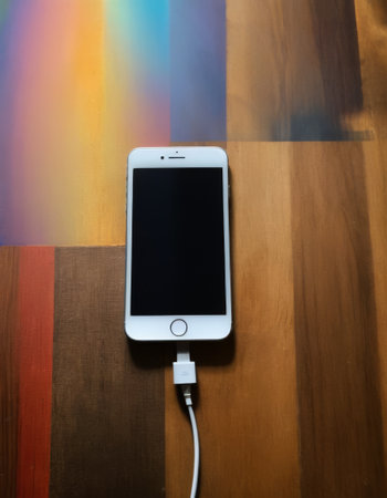 Smartphone Charging on Wooden Surfaceの素材