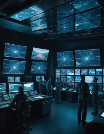 Control Room Staff Discussing Over Screensの素材