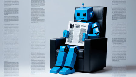 Blue Robot Reading Newspaper in Black Armchairの素材
