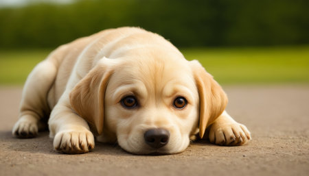 Golden Retriever Puppy Resting on Pathの素材