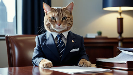 Business Cat in Suit Sitting at Office Deskの素材