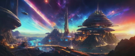 Futuristic Cityscape with Cosmic Skyの素材