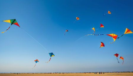 Kites Flying High in a Clear Blue Skyの素材