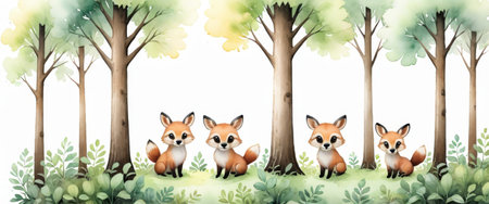 Cute Fox Family in a Forest Settingの素材