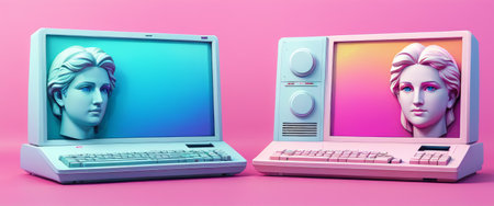 Retro Computers with Classical Sculptures on Screensの素材