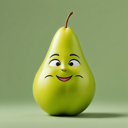 Cheerful cartoon face on green pear fruitの素材