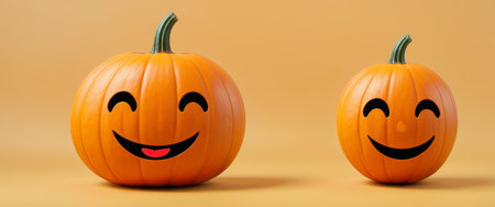 Two Happy Pumpkins with Cartoon Faces on Orange Backgroundの素材