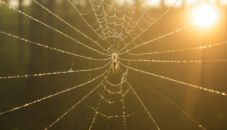 Dew-covered spider web in golden morning lightの素材