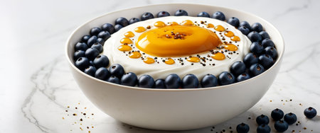 Yogurt bowl with honey and blueberries on marble backgroundの素材