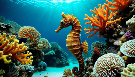 Seahorse swimming amidst colorful coral reefの素材