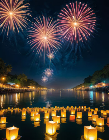 Fireworks and Lanterns Over Tropical Bayの素材