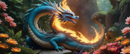 Majestic Blue Dragon Breathing Fire in Enchanted Forestの素材