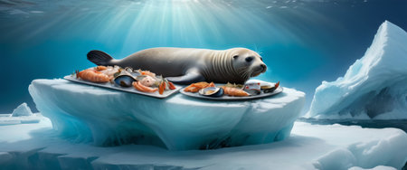 Seal on Ice Floe with Seafoodの素材