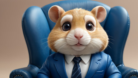 Cartoon hamster in a blue suit sitting on a leather chairの素材