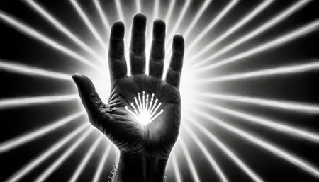 Hand with Radiant Light Rays Emanating from Palmの素材