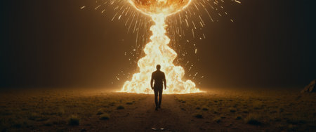 Man Walking Towards Explosive Fireballの素材