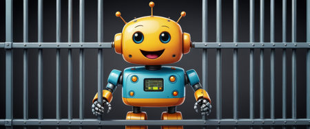 Happy toy robot behind jail barsの素材