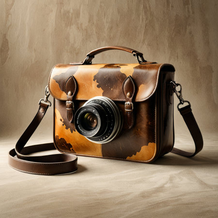 Vintage Leather Camera Bag with Built-In Lensの素材