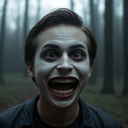 Man in Horror Makeup Screaming in Forestの素材