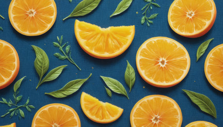 Sliced oranges and green leaves on blue backgroundの素材