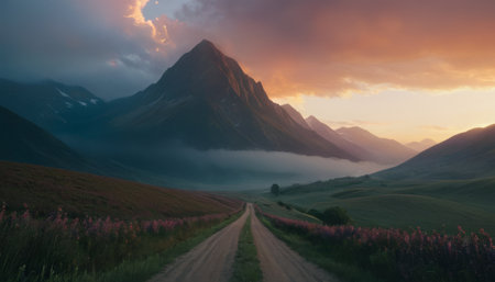 Dramatic Sunset Over Mountain Roadの素材