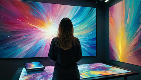 Woman Admiring Abstract Art in Galleryの素材