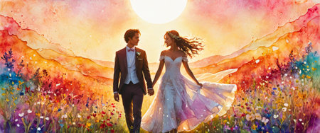 Romantic couple walking in a vibrant floral meadow at sunsetの素材