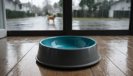 Empty dog bowl on rainy day with dog in backgroundの素材