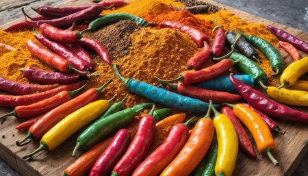 Vibrant Assortment of Colorful Spices and Chili Peppersの素材
