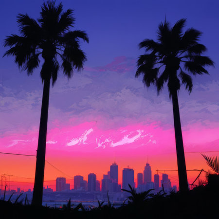 Vibrant City Skyline at Sunsetの素材