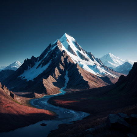 Majestic snow-capped mountain with winding riverの素材