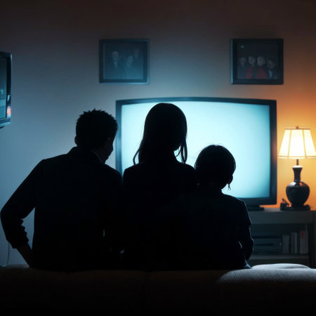 Family Watching TV Together in Living Roomの素材