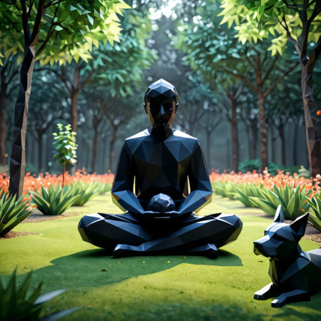 Geometric Man Meditating in Forest with Origami Dogの素材