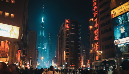 Bustling Urban Night Scene in a Neon-Lit Cityの素材