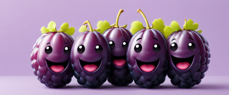 Five Cheerful Blackberries with Happy Emoji Facesの素材