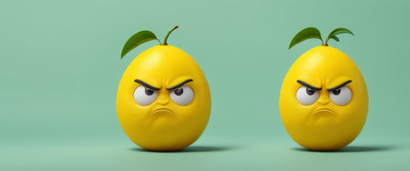 Angry lemons with expressive faces on green backgroundの素材