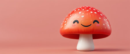 Smiling mushroom cartoon with red cap and white spotsの素材