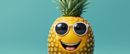 Happy Cartoon Pineapple Wearing Sunglasses on Teal Backgroundの素材